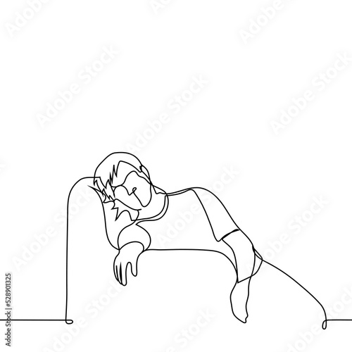 man tired or apathetic lying down in a chair - one line drawing vector. concept depression, fatigue
