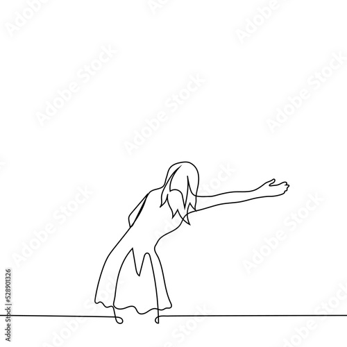 woman hailing a taxi with outstretched hand - one line drawing vector. concept of catching a taxi on the street