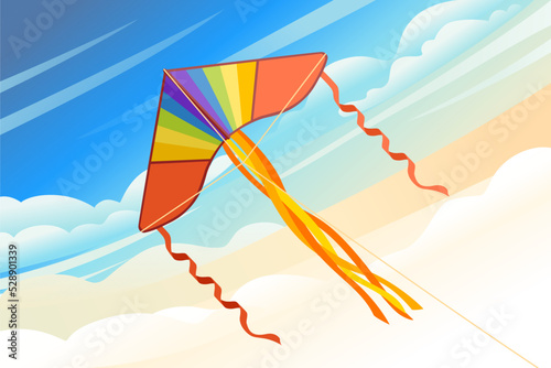 Kite soars in the sky flying colored toy vector illustration with cloudy morning sky on background