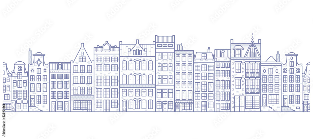 European houses seamless border. Amsterdam buildings row pattern. Street of the city in outline style. Vintage architecture landscape. Vector panorama