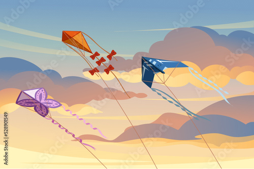 Group of kite soars in the sky flying colored toy vector illustration with cloudy evening sky on background