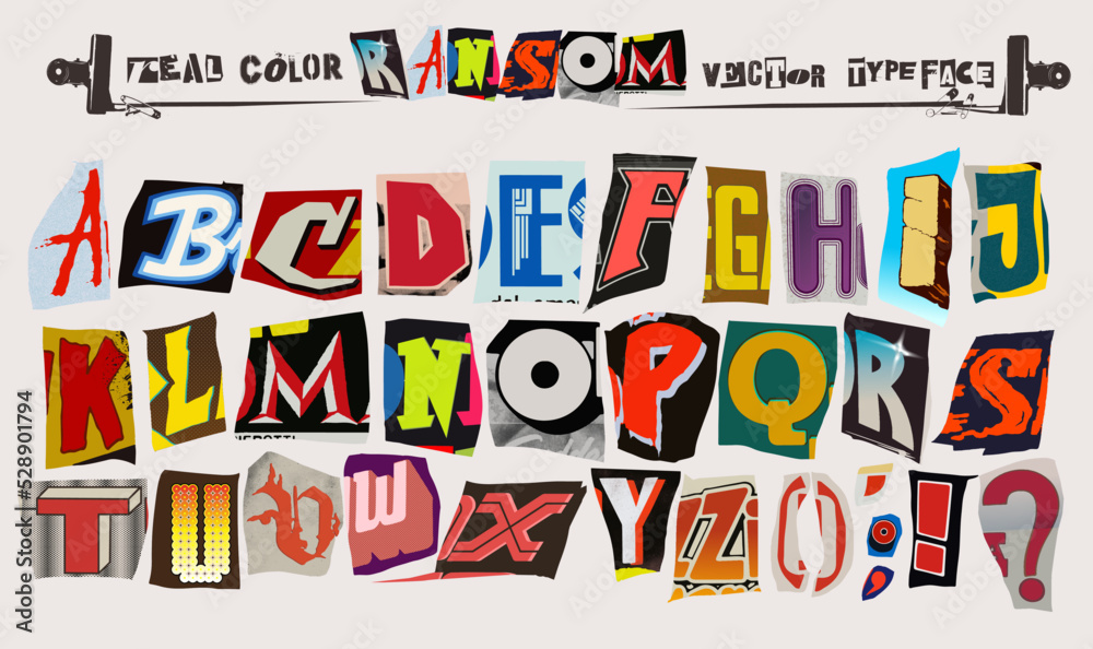 Real colorful ransom style vector  alphabet typeface clippings set for grunge font flyers and posters design or ransom notes.