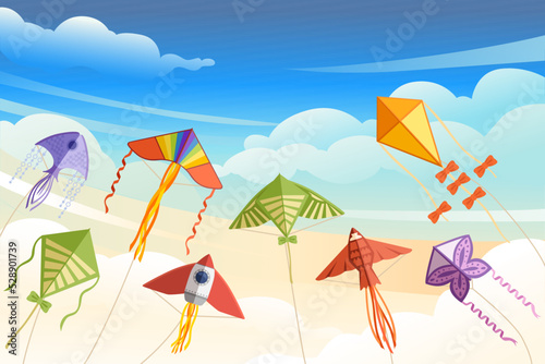 Group of kite soars in the sky flying colored toy vector illustration with cloudy morning sky on background