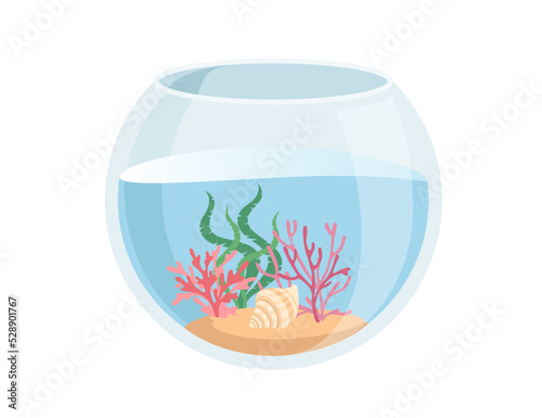 Fishbowl aquarium with water algae, sand, corals and shells vector illustration isolated on white background