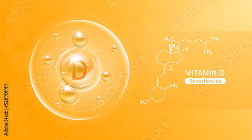 Vitamin D orange and structure. Vitamin solution complex with Chemical formula from nature. Skincare beauty. Medical and scientific concepts. Banner 3D vector EPS10.