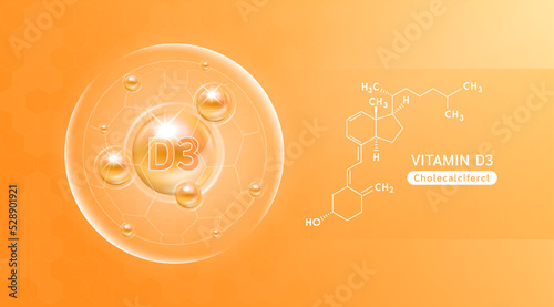 Vitamin D3 orange and structure. Vitamin solution complex with Chemical formula from nature. Skincare beauty. Medical and scientific concepts. Banner 3D vector EPS10.