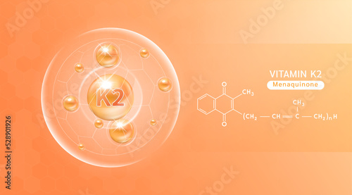 Vitamin K2 orange and structure. Vitamin solution complex with Chemical formula from nature. Skincare beauty. Medical and scientific concepts. Banner 3D vector EPS10.