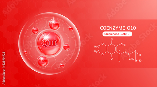 Vitamin coenzyme Q10 red and structure. Vitamin solution complex with Chemical formula from nature. Skincare beauty. Medical and scientific concepts. Banner 3D vector EPS10.