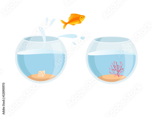 Golden fish jump from fishbowl to another fishbowl vector illustration on white background