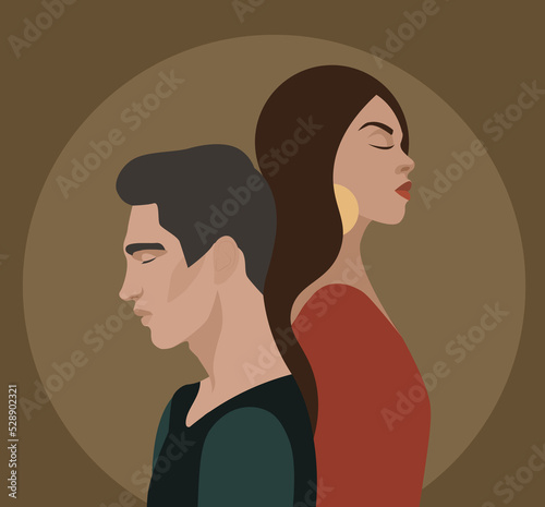 Silhouette of a couple. Man and woman back to back