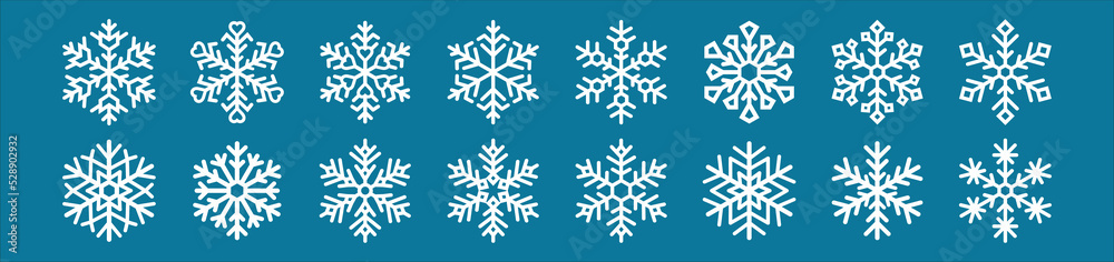 Snowflake icon set. Snowflakes vector christmas icons collection. Distinctive hexagonal snow flake winter season graphic design pattern template. Simple illustration.