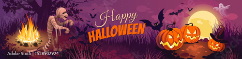 Halloween banner with tradition symbols. Pumpkins and mummy on purple Moon background  illustration.