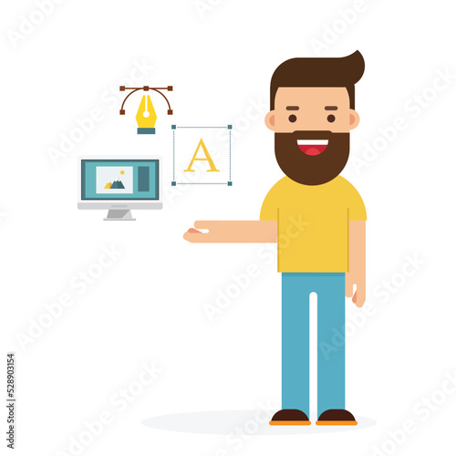 Web design concept in modern flat design. Men designer draws graphic