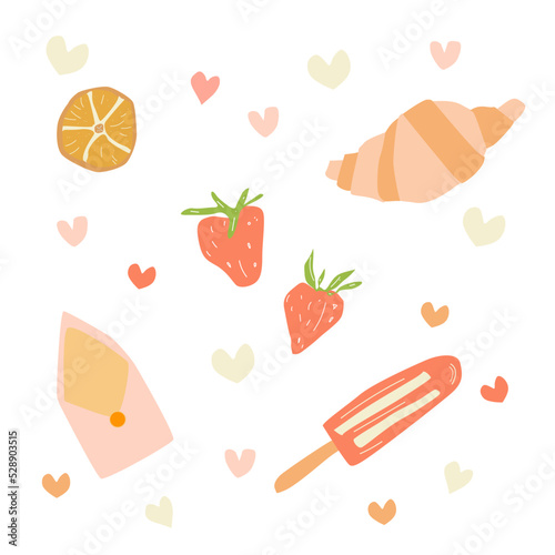 Breakfast in flat, cartoon style. Strawberry, croissant, valentine envelope, ice cream, orange. Breakfast food set. Vector illustration.