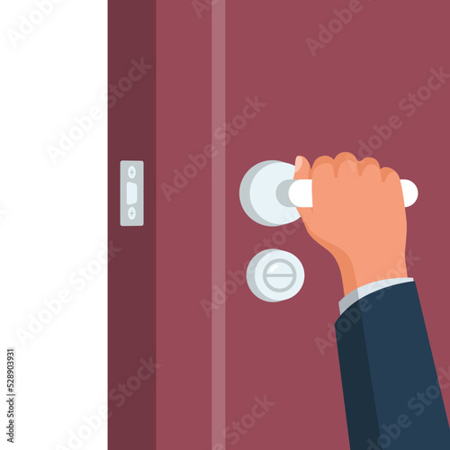 The hand opens the door. Man opens and closes doors. Landing page to come in or exit. Doorknob isolated on a white background. New opportunity. Vector illustration flat design. photo