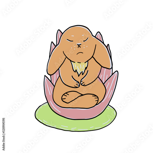 Cute little meditating rabbit. Vector hand drawn cartoon illustration.