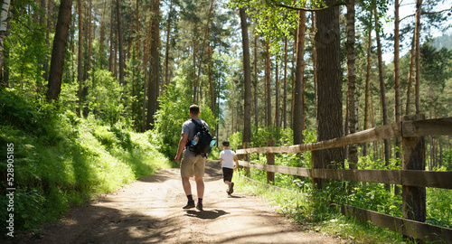 father and son walking in the forest 