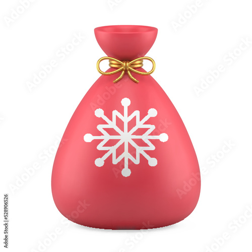 Realistic Christmas toy red sack full of presents with snowflake image and golden tissue bow vector