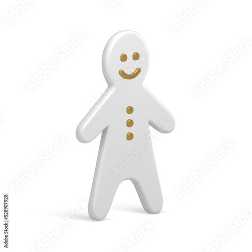 White elegant smiling gingerbread man traditional shape Christmas character 3d template vector