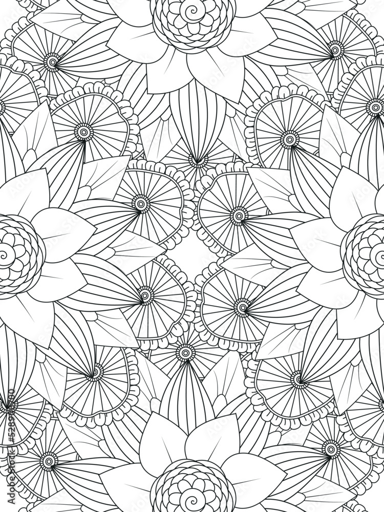 Doodle floral pattern in black and white. Page for coloring book: very interesting and relaxing job for children and adults. Zentangle drawing. Flower carpet in magic garden
