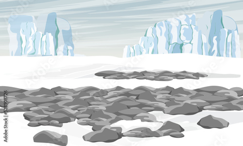 Arctic or Antarctic with glaciers and boulders lying on the snow. The climate of the poles of the planet. Realistic vector landscape