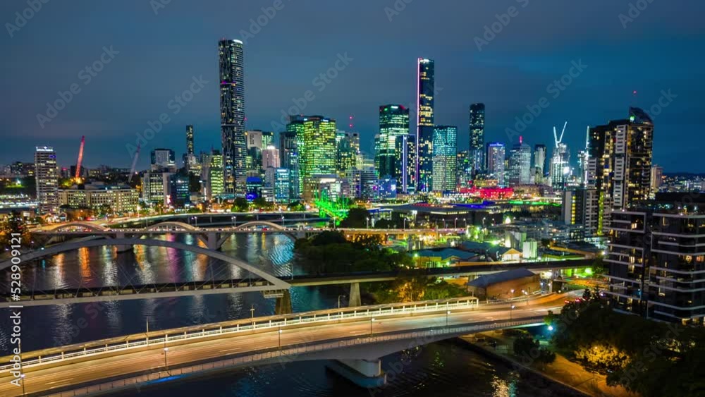 Aerial hyperlapse, dronelapse video of Brisbane city in Australia at night Aerial hyperlapse, dronelapse video of Brisbane city in Australia at night