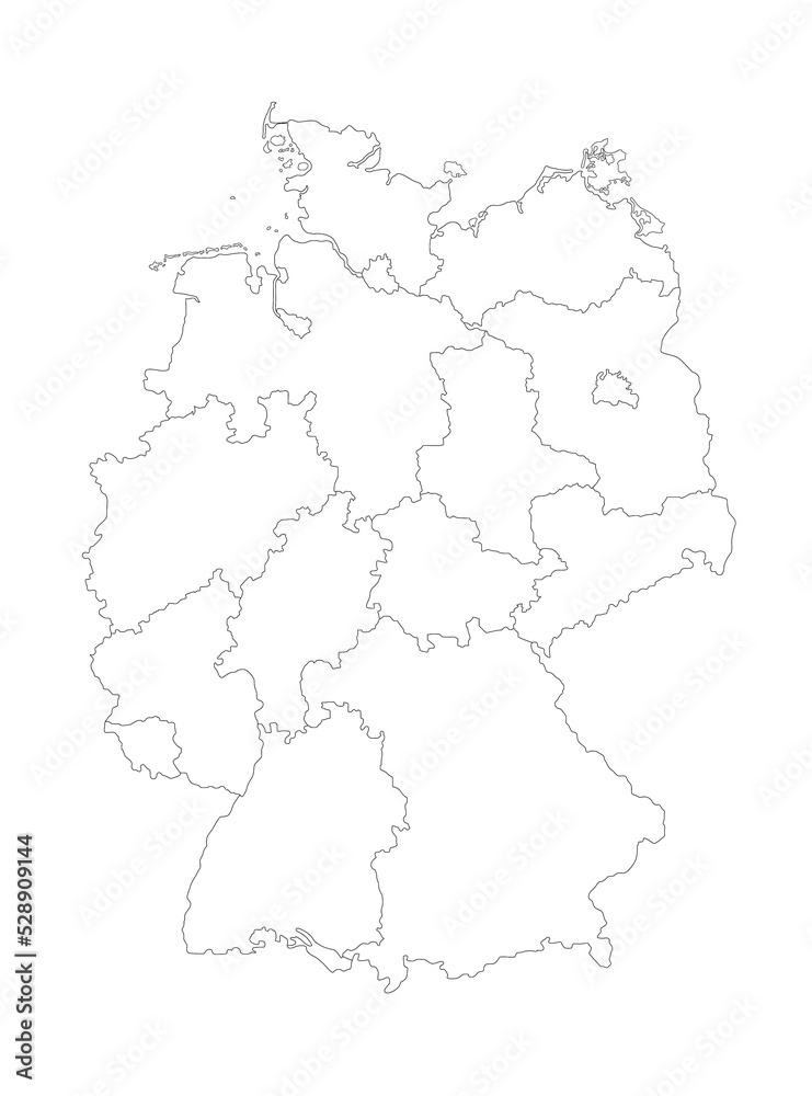 Map of Germany vector illustration in white. Each state is separated on layer. Interactive country with border in black and states in white. 