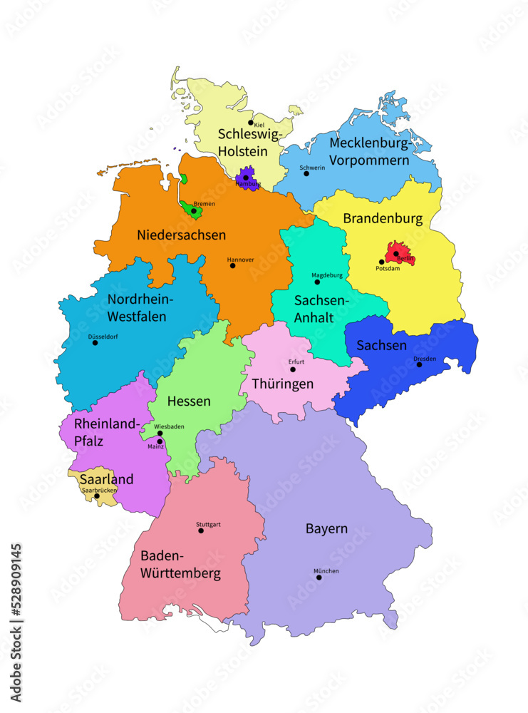 Politic map of Germany. Vector illustration with each State separate layer. Colorful parts with black abroad and text on German language.