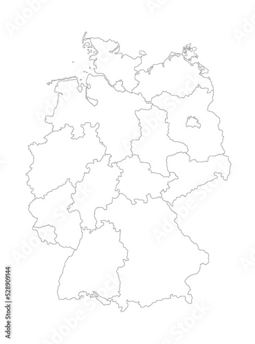 Map of Germany vector illustration in white. Each state is separated on layer. Interactive country with border in black and states in white. 