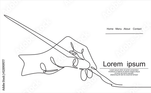 Hand painting with brushes continuous line drawing minimalist. Vector one hand drawn sketch of brush with finger holding to draw and inking. photo