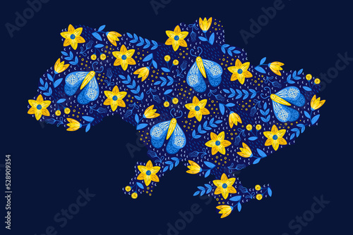 Map of Ukraine, floral, decorative, doodle, yellow-blue, stand with Ukraine, no war