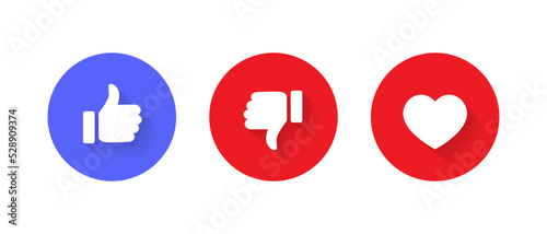 Like, dislike, and love icon vector isolated on circle background. Social media elements