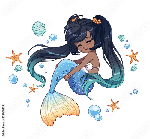 Cute little cartoon mermaid with tan skin