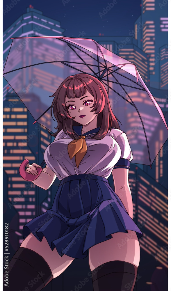 Cute anime schoolgirl holding umbrella with retro city background. Hand drawn illustration. Cute anime schoolgirl holding umbrella with retro city background. Hand drawn illustration.