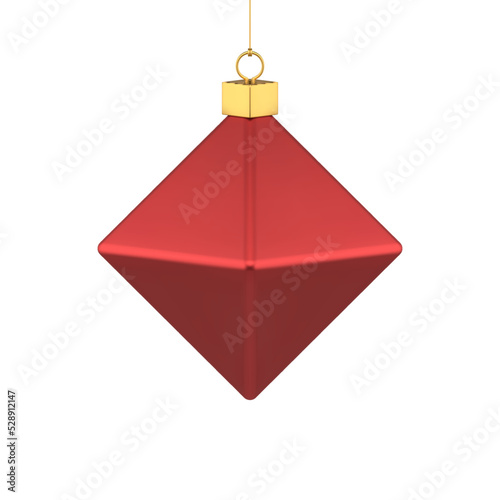 Traditional Christmas tree metallic bauble polygonal rhombus red glossy toy hanging on golden rope
