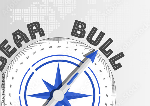 Bull stock market concept with compass pointing towards text. Moving from a Bear market to a booming Bull market.