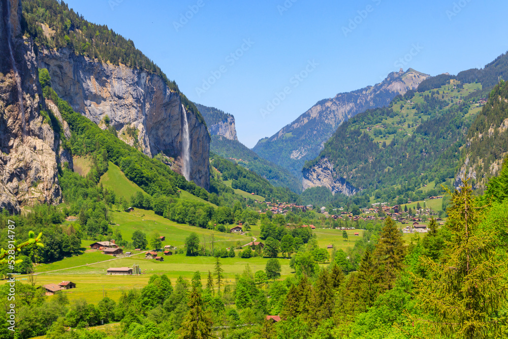 View of Lauterbrunnen Valley in Bernese Oberland, Switzerland. Switzerland nature and travel. Alpine scenery