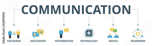 Communication banner web icon vector illustration concept with icon of exchange, discussion, information, technology, advice, and teamwork