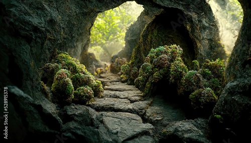 Photo Mountain landscape with rocks and a passage in them, with green moss on the rocks around, a stone path