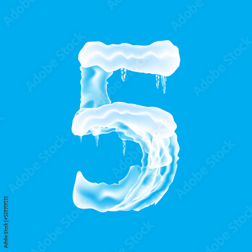 Snow Ice Cap with Number Five Isolated on Blue Background. Christmas Card Design Element. Winter Snowcap Set.