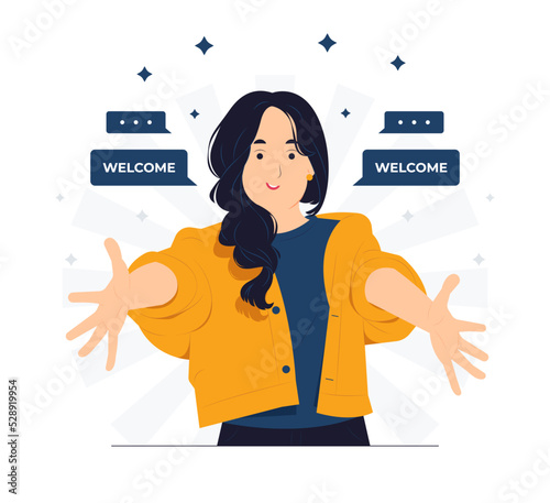 Cheerful woman gesturing welcome sign and smiling while standing extending hands towards as wanting cuddle, smiling welcoming concept illustration