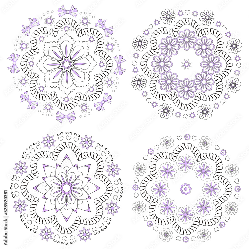 Flowers round ornaments set. Coloring book page. Black and white flowers with pink elements. Vector illustration