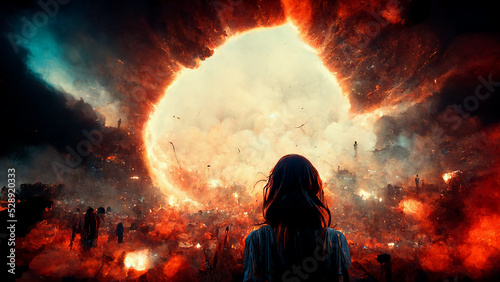 The End of the World Apocalyptic Epic Scene Spectacular 3D Art Illustration. Death of the Earth Doomsday Conceptual Background. CG Digital Painting AI Neural Network Generated Art Armageddon Wallpaper
