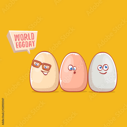 world egg day concept funny illustration with cute white egg cartoon kawaii character isolated on orange background.
