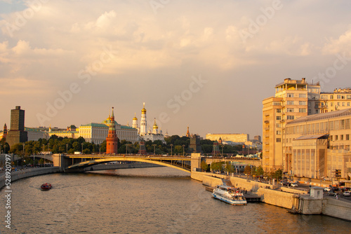 MOSCOW, RUSSIA - August 25, 2022: Tourist ship sails on the Moskva River. Beautiful panoramic view of Moscow