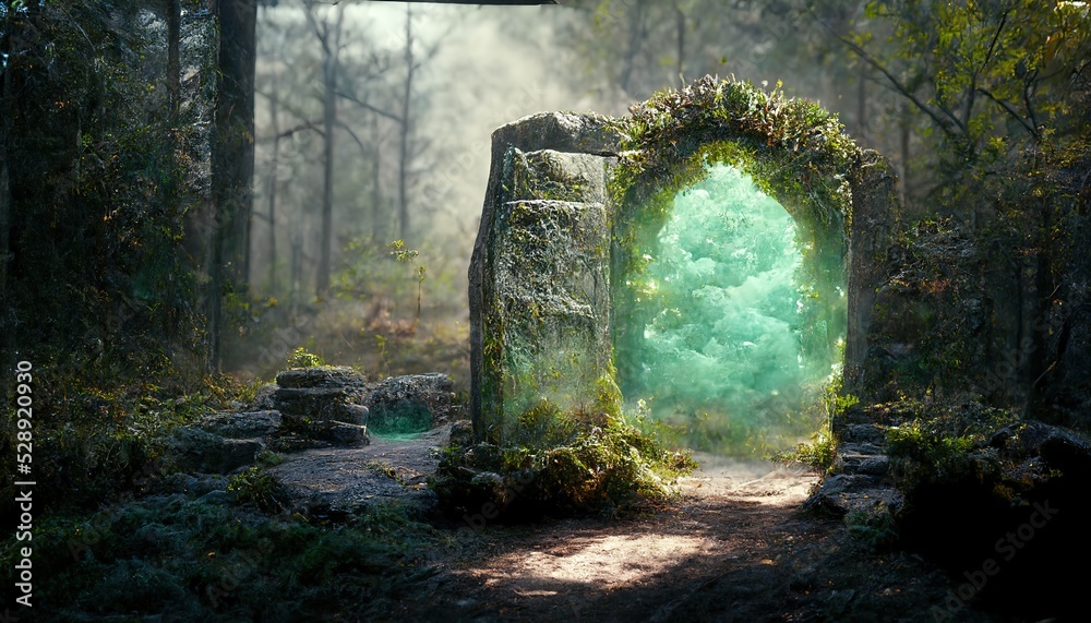 Magical portal in the forest with luminous gates with green light ...