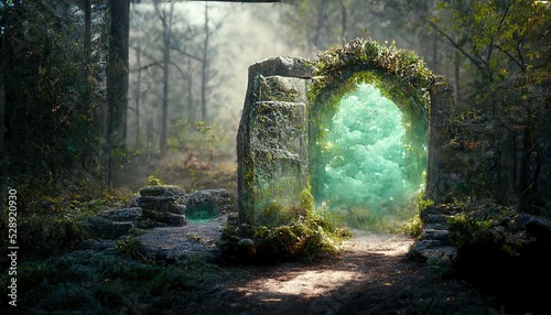 Magical portal in the forest with luminous gates with green light.