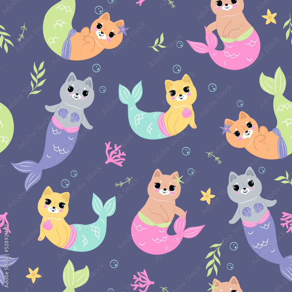 Seamless pattern of cute mermaid cats. Vector graphics.