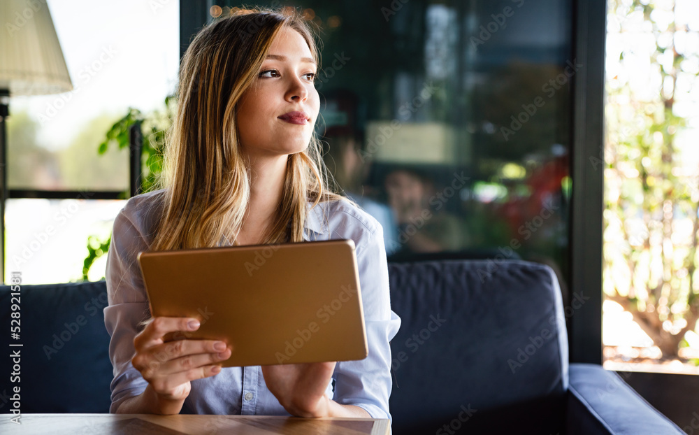 Portrait of happy beautiful successful business woman, manager working