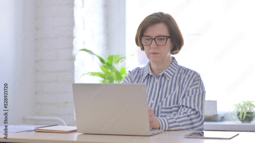 Busy Senior Woman Typing on Laptop in Office Busy Senior Woman Typing on Laptop in Office